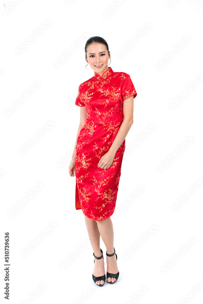 Portrait of a young asian Chinese female lady model wearing red traditional vintage costume Cheongsam smiling and posing with different poses and gestures Portrait of a young asian Chinese female lady model wearing red traditional vintage costume Cheongsam smiling and posing with different poses and gestures