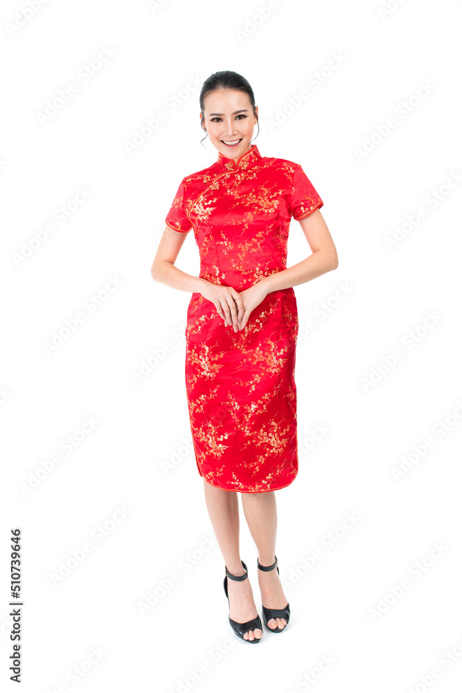 Full body of Asian Chinese Woman wearing red color traditional Chinese costume Cheongsam Full body of Asian Chinese Woman wearing red color traditional Chinese costume Cheongsam