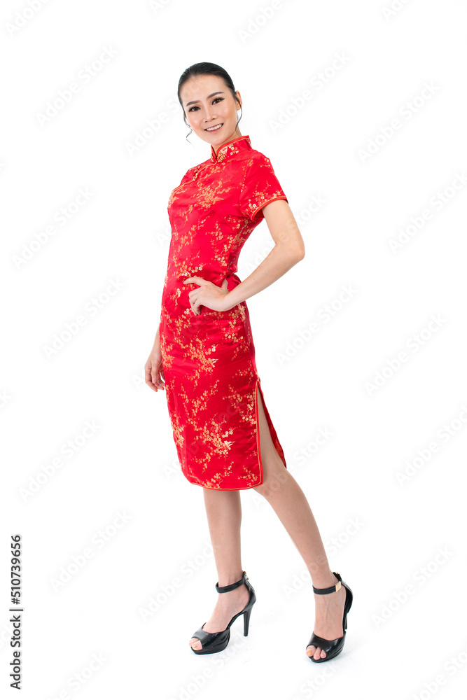 Portrait of a young asian Chinese female lady model wearing red traditional vintage costume Cheongsam smiling and posing with different poses and gestures Portrait of a young asian Chinese female lady model wearing red traditional vintage costume Cheongsam smiling and posing with different poses and gestures