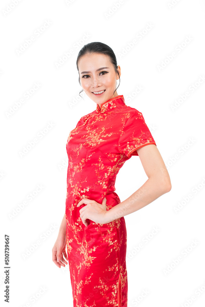 Portrait of a young asian Chinese female lady model wearing red traditional vintage costume Cheongsam smiling and posing with different poses and gestures Portrait of a young asian Chinese female lady model wearing red traditional vintage costume Cheongsam smiling and posing with different poses and gestures
