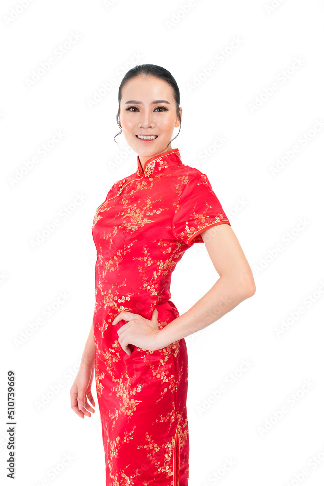 Portrait of a young asian Chinese female lady model wearing red traditional vintage costume Cheongsam smiling and posing with different poses and gestures Portrait of a young asian Chinese female lady model wearing red traditional vintage costume Cheongsam smiling and posing with different poses and gestures