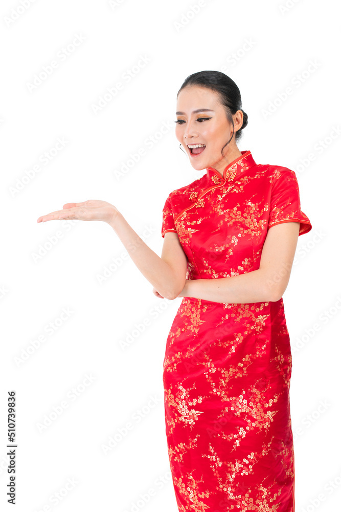 Portrait of a young asian Chinese female lady model wearing red traditional vintage costume Cheongsam smiling and posing with different poses and gestures Portrait of a young asian Chinese female lady model wearing red traditional vintage costume Cheongsam smiling and posing with different poses and gestures