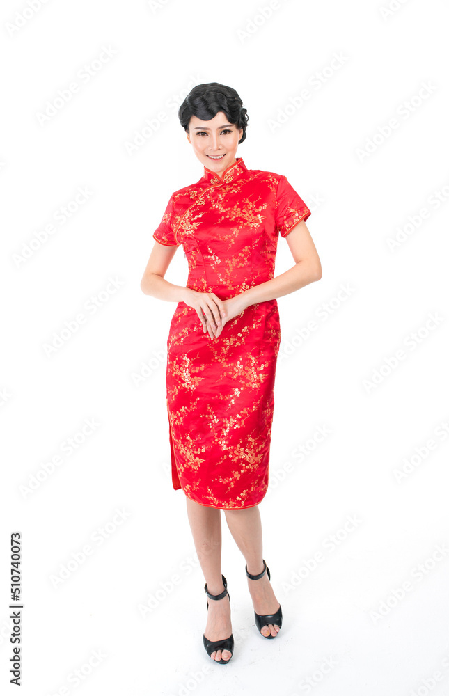 Portrait of a young asian Chinese female lady model wearing red traditional vintage costume Cheongsam smiling and posing with different poses and gestures Portrait of a young asian Chinese female lady model wearing red traditional vintage costume Cheongsam smiling and posing with different poses and gestures