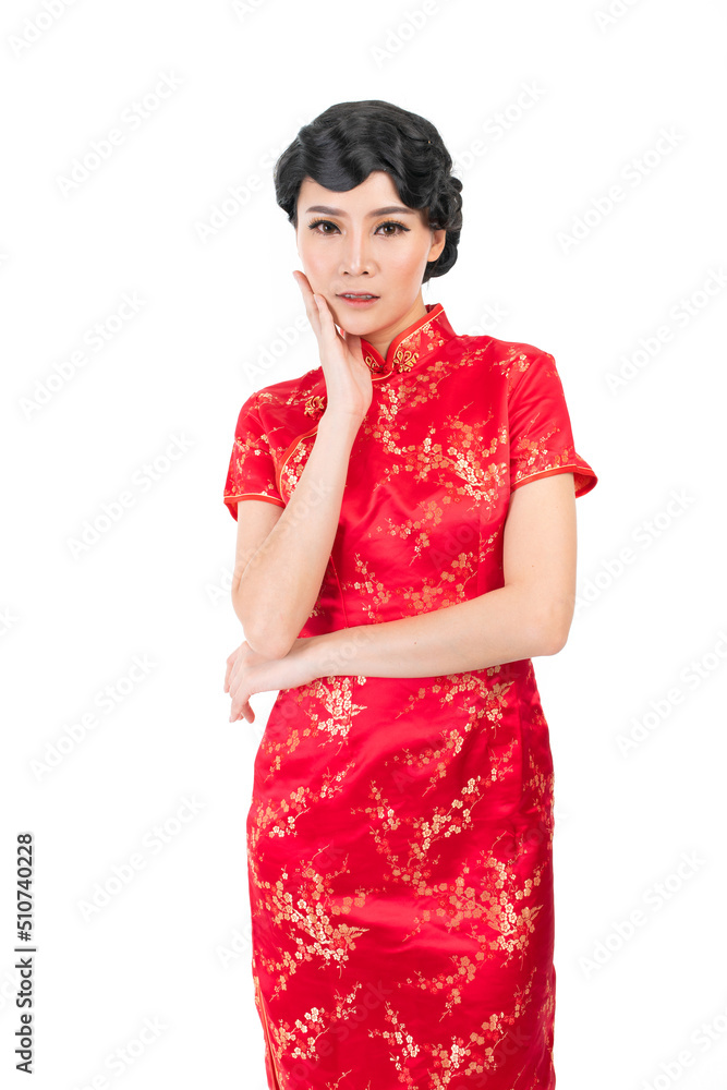 Portrait of a young asian Chinese female lady model wearing red traditional vintage costume Cheongsam smiling and posing with different poses and gestures Portrait of a young asian Chinese female lady model wearing red traditional vintage costume Cheongsam smiling and posing with different poses and gestures