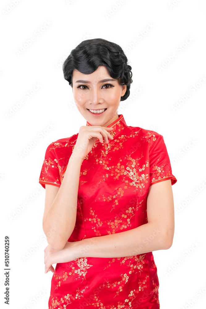 Portrait of a young asian Chinese female lady model wearing red traditional vintage costume Cheongsam smiling and posing with different poses and gestures Portrait of a young asian Chinese female lady model wearing red traditional vintage costume Cheongsam smiling and posing with different poses and gestures