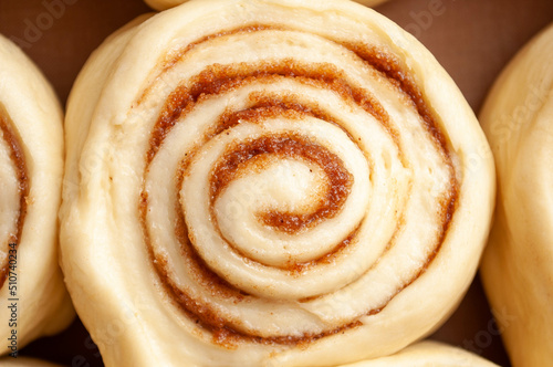 Blanks of cinnamon rolls dough are on greased parchment paper.