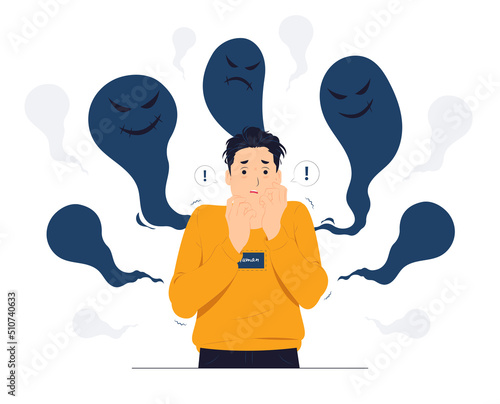 Man with Schizophrenia, post-traumatic stress mental disorder, shocked, scared, panic, anxiety, frustrated, fear and terrified concept illustration