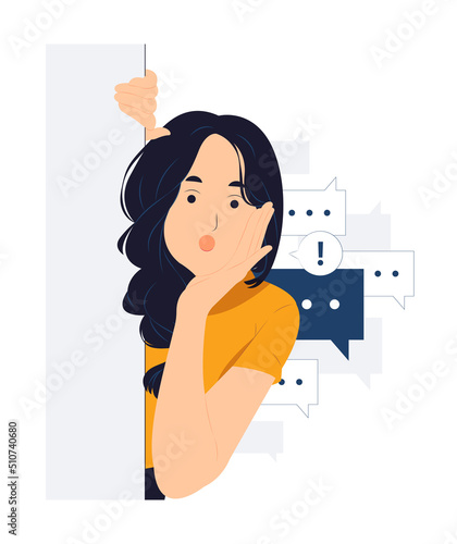 Cheerful Young Businesswoman say hi standing behind a wall while peeking with curiosity, startled, shocked, Surprised, peeping, listening, discovery and Pay attention concept illustration