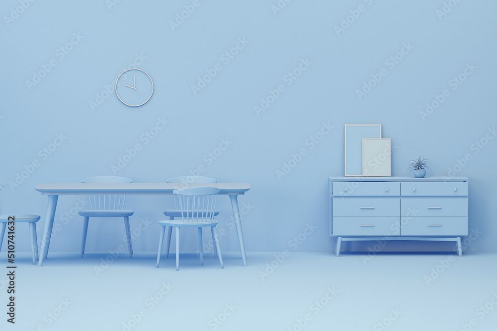 Interior of the room in plain monochrome pastel blue color with furnitures and room accessories. Light background with copy space. 3D rendering for web page, presentation or picture frame backgrounds. - obrazy, fototapety, plakaty 