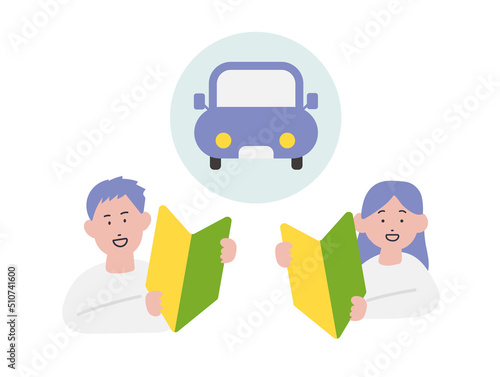 初心運転者の男女と車のイラスト