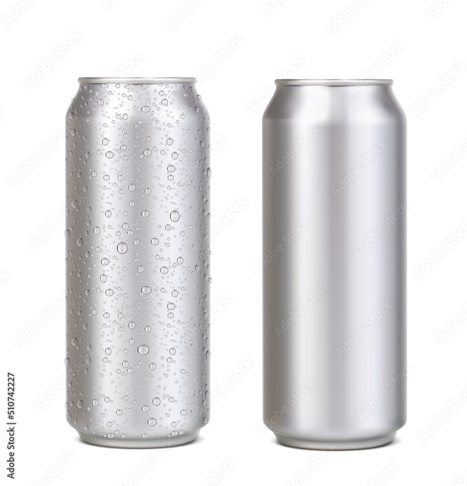 Long aluminium can with water drops, silver beer, soda or lemonade juice, coffee or energy drink mockup. Realistic vector aluminum cans with fresh cold water drops condensation for drink packaging - obrazy, fototapety, plakaty 