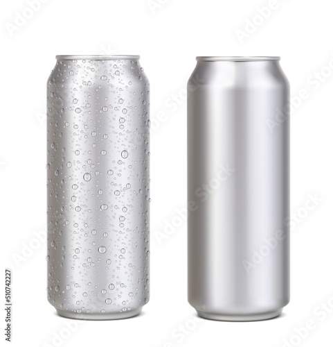 Long aluminium can with water drops, silver beer, soda or lemonade juice, coffee or energy drink mockup. Realistic vector aluminum cans with fresh cold water drops condensation for drink packaging