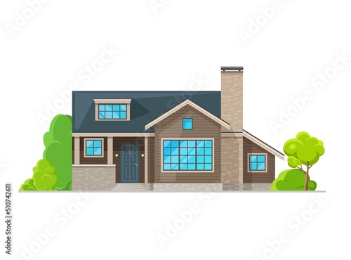 Residential house exterior with wood plank facade framed by natural stone wall trim. Rural home or cottage house with pitched roof, brick porch and chimney. Residential neighborhood, suburb dwelling