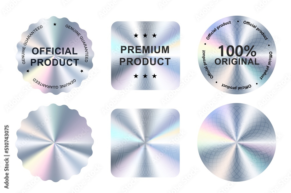 Hologram stickers, holographic labels with silver texture, vector original product stamp. Hologram sticker for official product guarantee and premium quality 100 percent genuine holographic seal - obrazy, fototapety, plakaty 