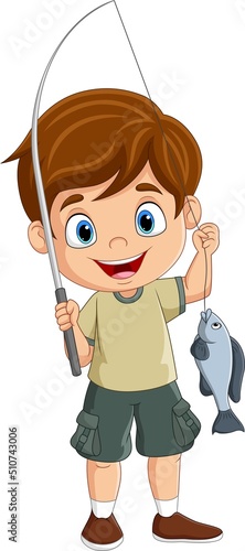 Cartoon happy little boy fishing