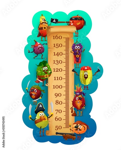 Kids height chart with cartoon pirate and corsair fruits. Vector growth meter and children stadiometer with ruler scale on parchment scroll, funny papaya, grape, fig, carambola and lychee characters