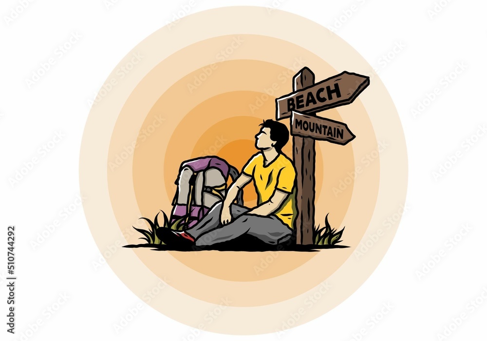 Man sit on the ground beside the way sign beach and mountain illustration Man sit on the ground beside the way sign beach and mountain illustration