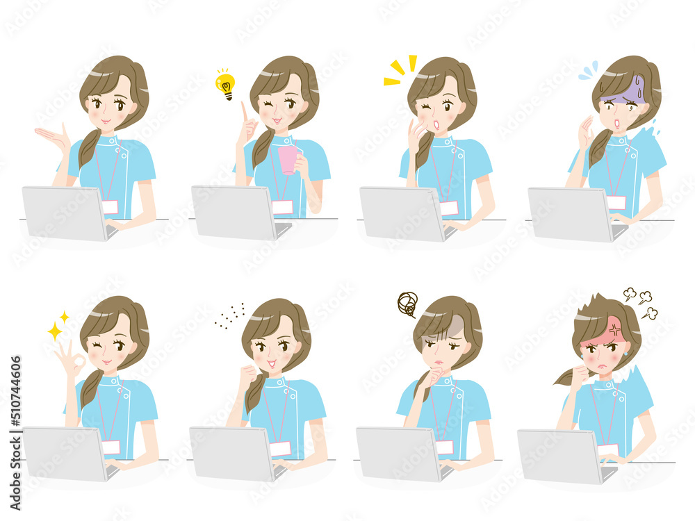 パソコンで作業する看護師の表情イラスト素材セット