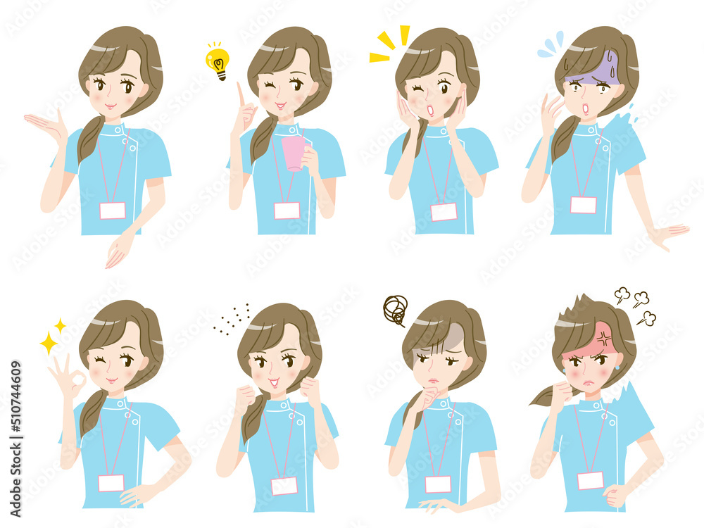 若い看護師の表情イラスト素材セット