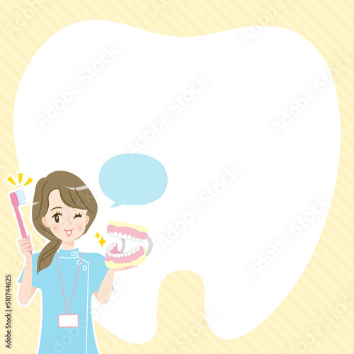 歯磨きの指導をする歯科助手　チラシ風イラスト素材