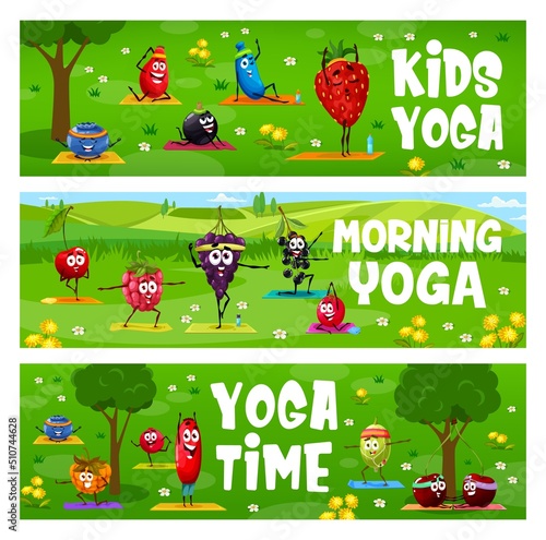 Kids morning yoga, cartoon berry characters on fitness sport, vector banners. Yoga class and relax activity with strawberry, grape, raspberry and cherry at yoga meditation or pilates fitness