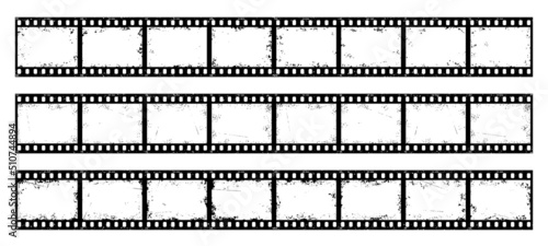 Old grunge movie film strip, vintage long filmstrip reel roll, vector frames. Cinema, video or photo filmstrip tape and 35mm photograph negative film strip roll with grunge background