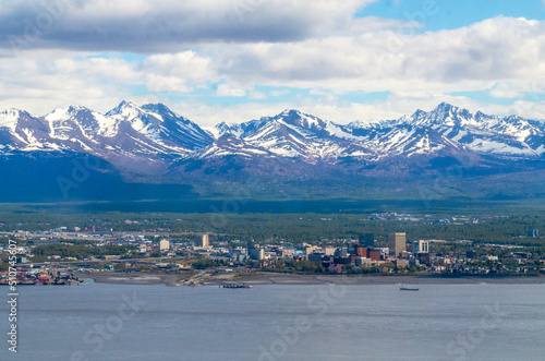 Anchorage, Alaska with Chugach mountains in background photo