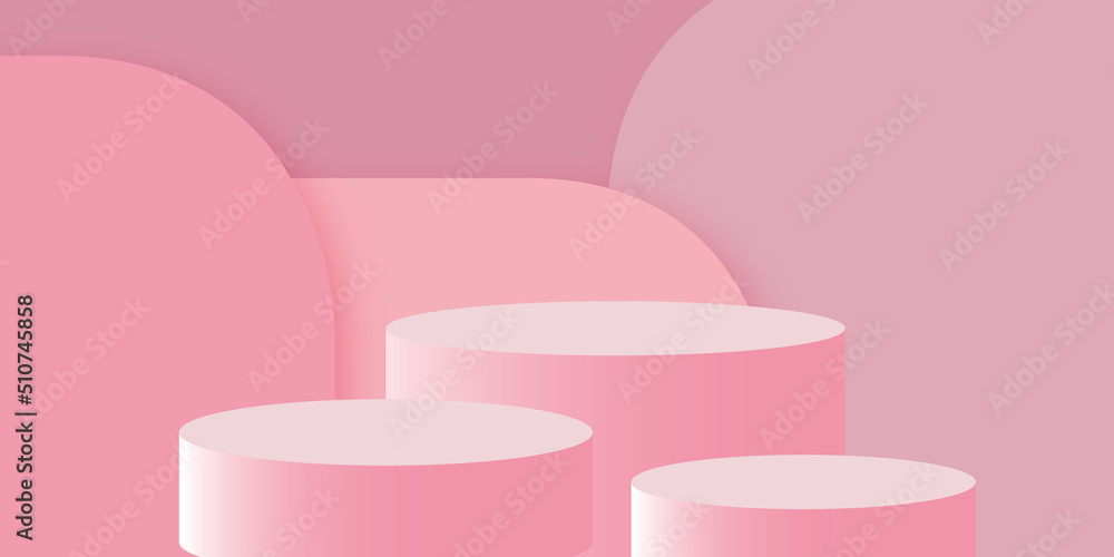 Pink product background stand or podium pedestal with light on pastel pink backdrops. Product display mockup. copy space for the text. illustration of 3d paper cut design style.
