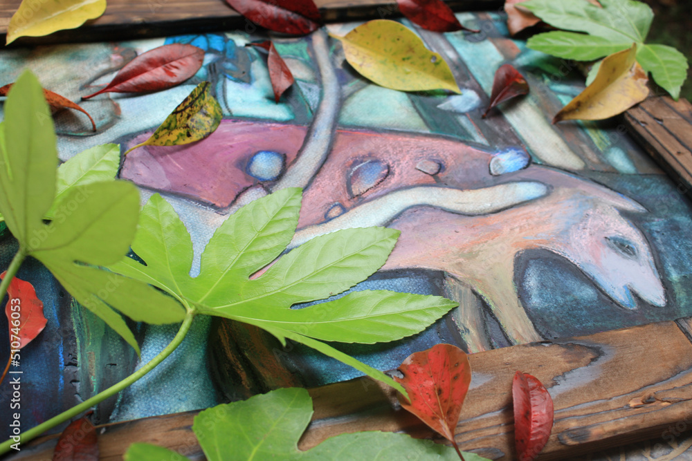 Fototapeta premium ステンドグラスのような森の動物と葉っぱ