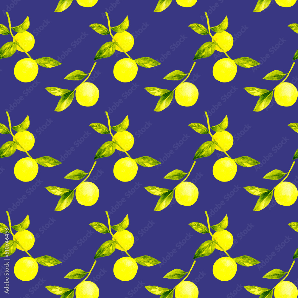 レモンと葉っぱのオシャレなシームレスパターン　手描き水彩イラストのテキスタイル