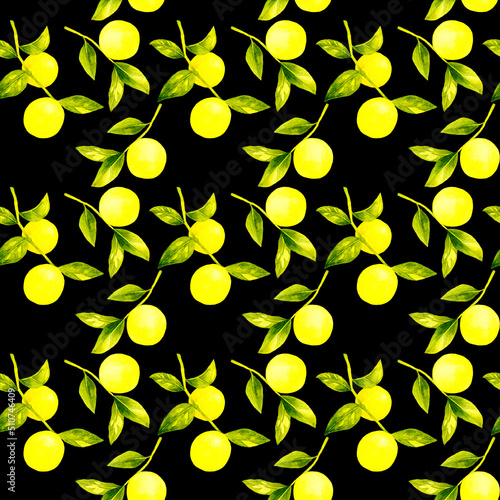 レモンと葉っぱのオシャレなシームレスパターン 手描き水彩イラストのテキスタイル