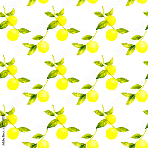 レモンと葉っぱのオシャレなシームレスパターン　手描き水彩イラストのテキスタイル © 一色いっさ