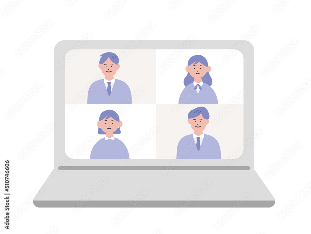 パソコンでオンライン会議をするビジネスパーソンのイラスト パソコンでオンライン会議をするビジネスパーソンのイラスト