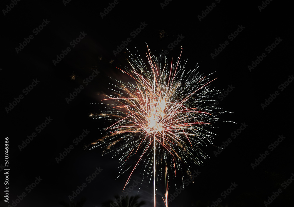 Multicolored fireworks in the night sky. Celebration of Independence Day, New Year and other holidays