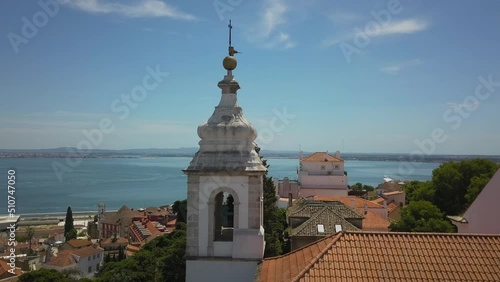 Aerial drone shot of a church of Castle Sao Jorge in Lisbon at sunny day photo