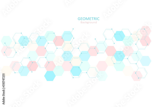 Geometric abstract template design with hexagon and molecule shapes in pastel colors on white backgrounds. Vector Illustration.