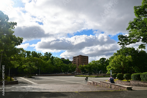 公園の広場の上空に大きな雲が浮かんでいる風景