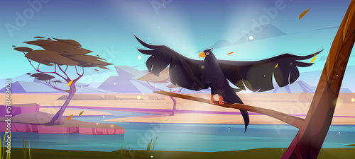 Raven on tree branch in savannah at dusk. Vector cartoon illustration of african savanna landscape with river, acacia trees, mountains on horizon, green grass and black crow