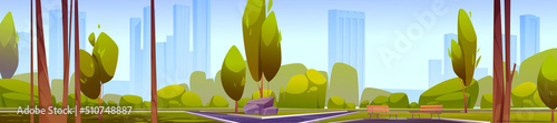 City park with trees, wooden benches, paths and modern town on skyline. Vector cartoon panoramic illustration of summer landscape of empty public garden with green grass and skyscrapers on horizon