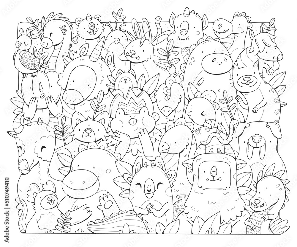 Monsters big doodle coloring book. The coloring page poster with different cute creatures. Vector black and white illustration.