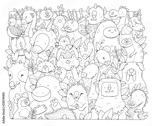 Monsters big doodle coloring book. The coloring page poster with different cute creatures. Vector black and white illustration.