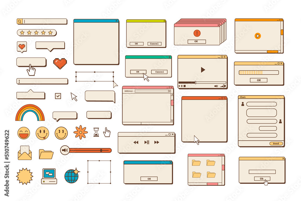 Big set of retro vaporwave desktop browser and dialog window templates. 80s 90s old computer user interface elements and vintage aesthetic icons. Nostalgic retro operating system. Vector illustration.