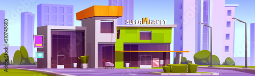 Supermarket building exterior on city street. Vector cartoon illustration of summer cityscape with modern store facade with pharmacy and shopping cart on parking