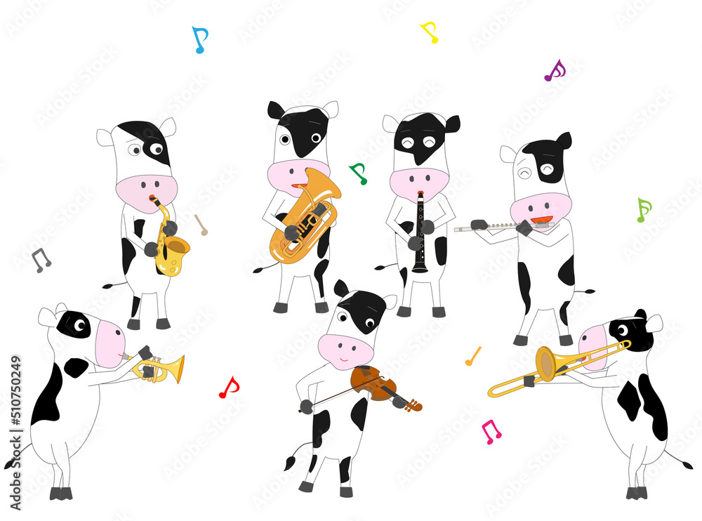 牛たちが歌ったり楽器を弾いたりしている。