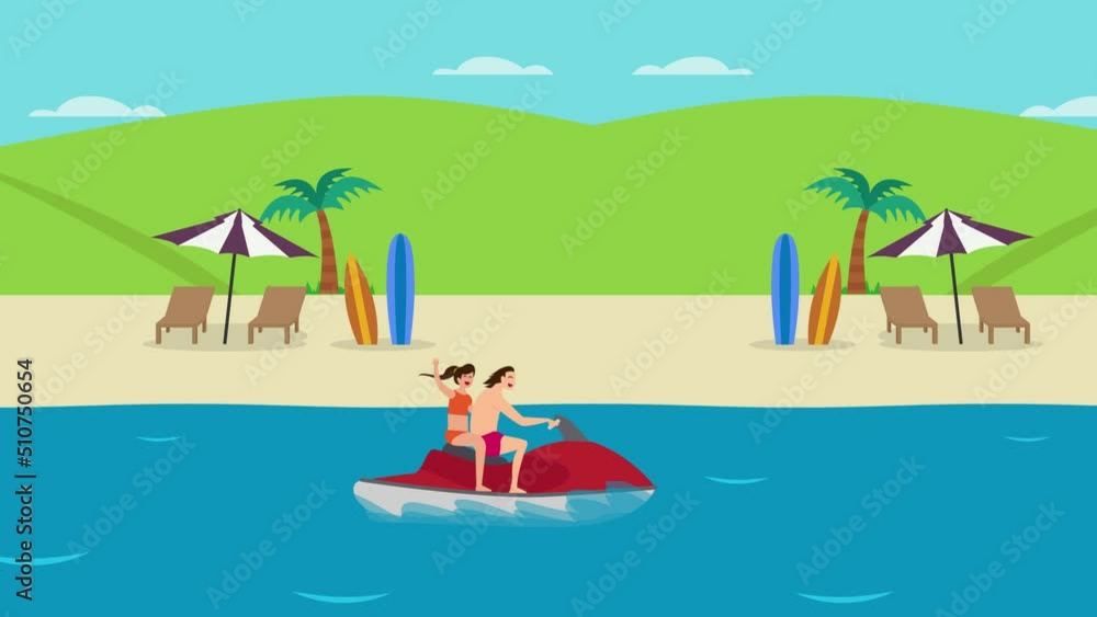 Cheerful young couple rides speed boat in beach Cheerful young couple rides speed boat in beach