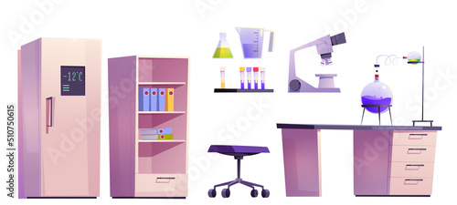 Chemical lab furniture set for science research, experiments and medical tests. Vector cartoon isolated illustration of laboratory room with microscope, flasks and tubes on table and refrigerator