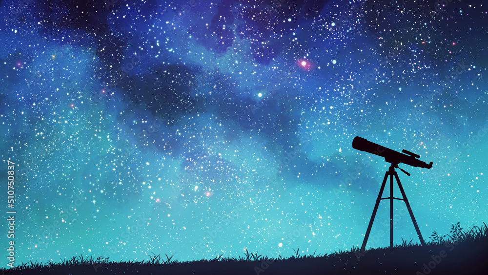 満天の星空と天体望遠鏡天体観測天体ショー天の川美しい星空背景装飾イラスト素材庫插圖| Adobe Stock
