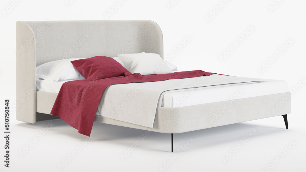 Bed on a white background. Soft bed with a curved back. 3D rendering ...