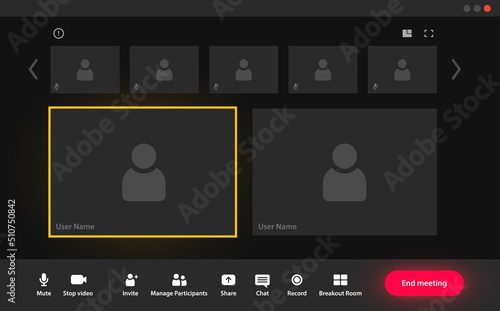 Videocall interface, video call screen or conference chat app, vector computer UI template. Web video call on mobile phone or computer display with buttons, online webinar window frames
