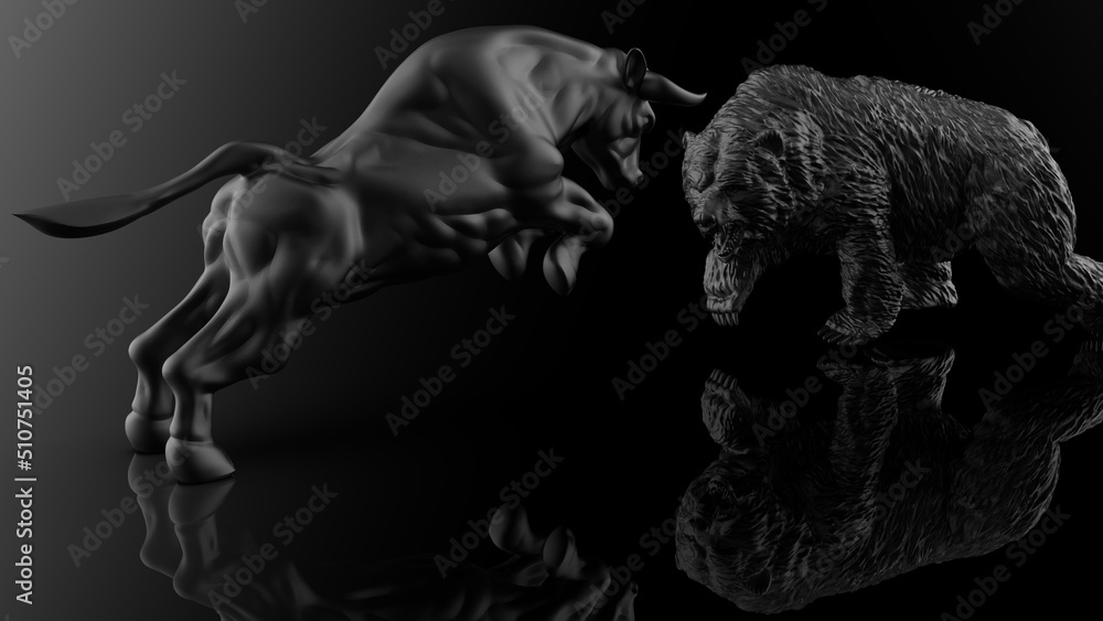 Naklejka premium Black painted bull and bear sculpture staring at each other in dramatic contrasting light representing financial market trends under black-white background. Concept images of stock market. 3D CG.